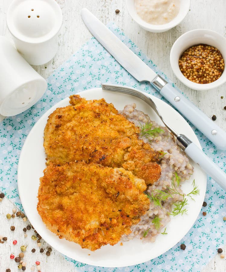 Schnitzel of Pork or Chicken with Green Buckwheat Stock Image Image