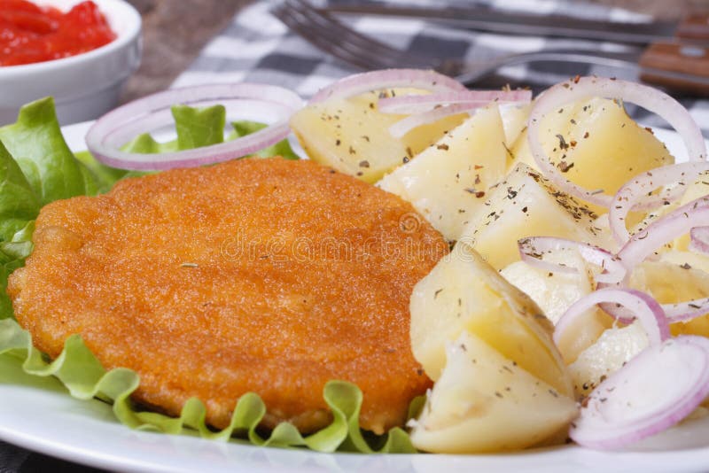 Schnitzel z potomstwami gotował się grule i cebulkowych pierścionki obrazy stock