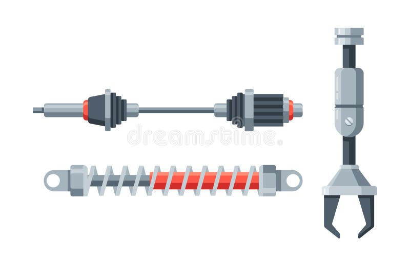 Shock Absorbers Cushion Vibrations, Drive Systems Power Motion, And Manipulator Parts Enable Precise Control In Machines, Ensuring Smooth And Reliable Operation. Cartoon Vector Illustration. Shock Absorbers Cushion Vibrations, Drive Systems Power Motion, And Manipulator Parts Enable Precise Control In Machines, Ensuring Smooth And Reliable Operation. Cartoon Vector Illustration