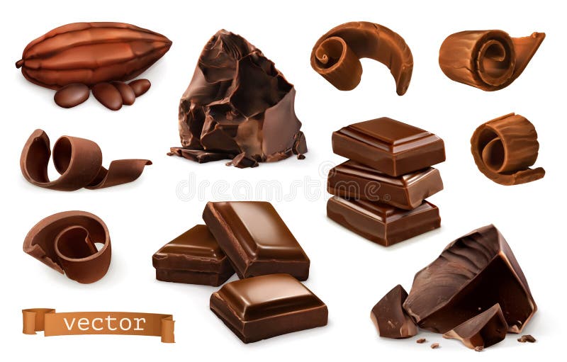 Schokolade Stücke, Schnitzel, Kakaofrucht Ikonensatz des Vektors 3d