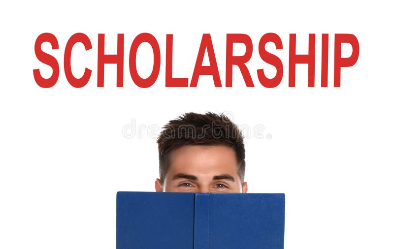 Scholarship concept. Student with book on white background royalty free stock images