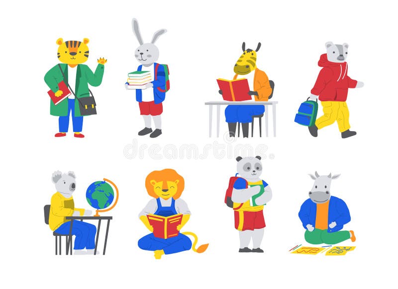 School Animal Characters. Cute Cartoon Animal Kids at School with Books and  Backpacks Reading and Studying. Vector Funny Stock Vector - Illustration of  characters, poster: 160345272