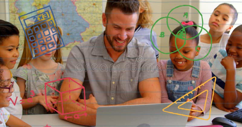 In school, animation of teacher and diverse students learning math with shapes stock footage
