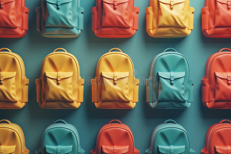 School backpack, briefcase, satchel, seamless pattern. lots of school backpacks on a multicolored background. Raster illustration for background, packaging, website, cover, postcard AI generated