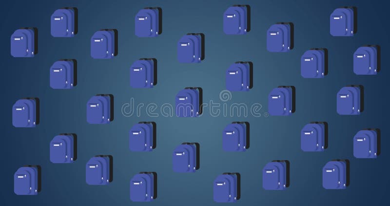 School backpacks in blue are neatly arranged in rows on dark blue background royalty free illustration