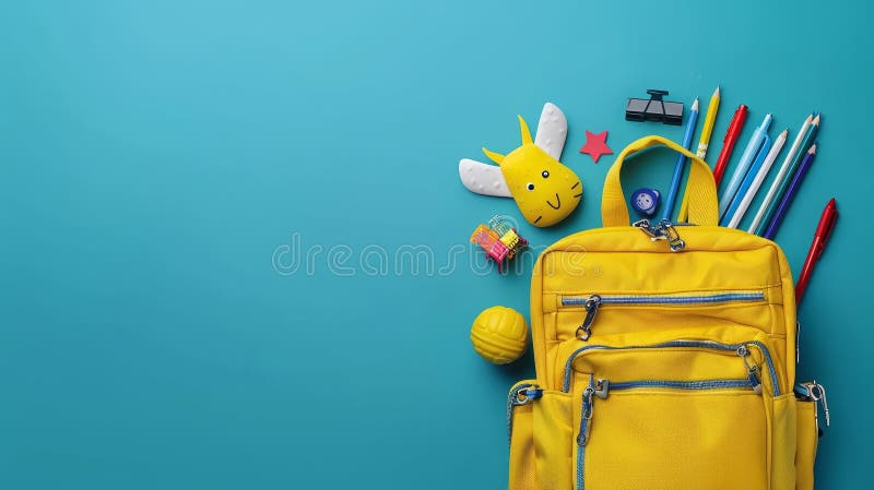 School bag essentials stationery supplies banner design on blue background with text space vector illustration