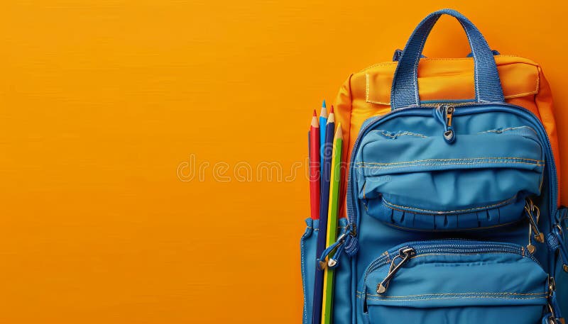 School bag essentials stationery supplies banner on orange background with space for text stock illustration