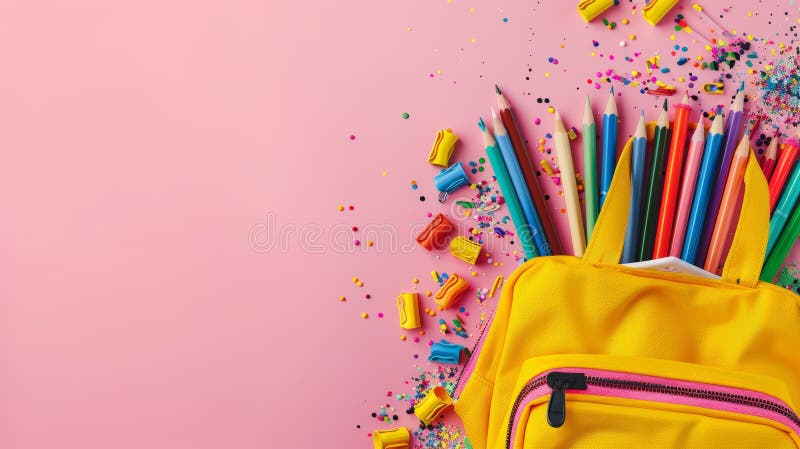 School bag essentials stationery supplies banner on pink background with space for text vector illustration