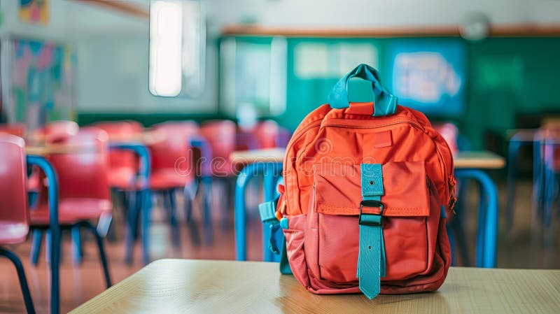 School bag placed in a classroom environment, providing a blank canvas for educational content AI Image royalty free illustration