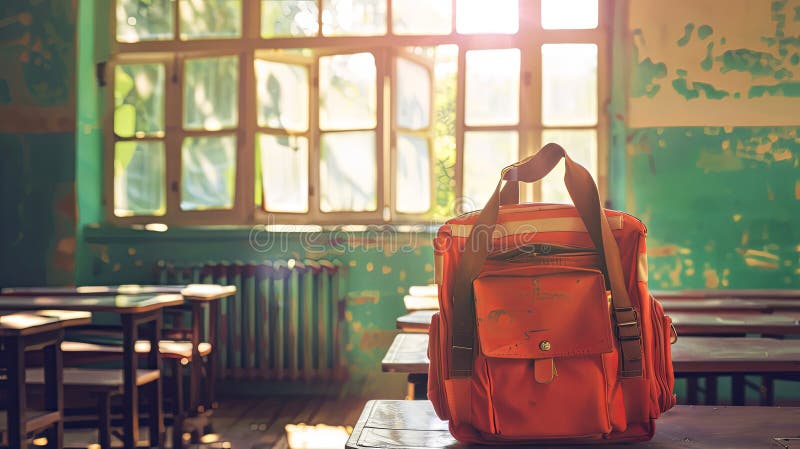 A school bag placed in a classroom, offering generous space for educational messages or branding AI Image vector illustration