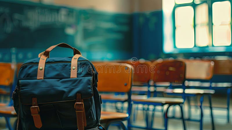 School bag placed in a classroom setting with ample copy space, perfect for educational designs AI Image stock illustration