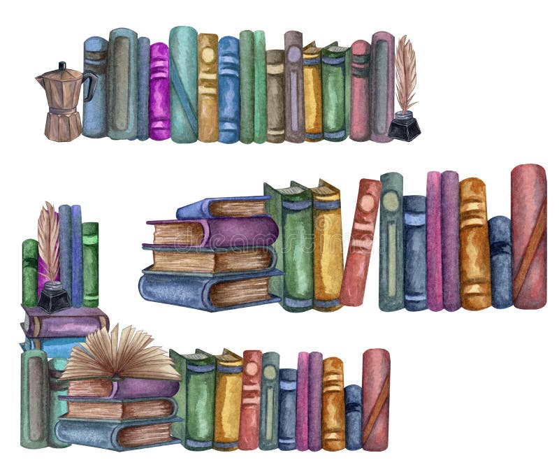 Watercolor Vintage Books Library Clipart. Vintage Art Library