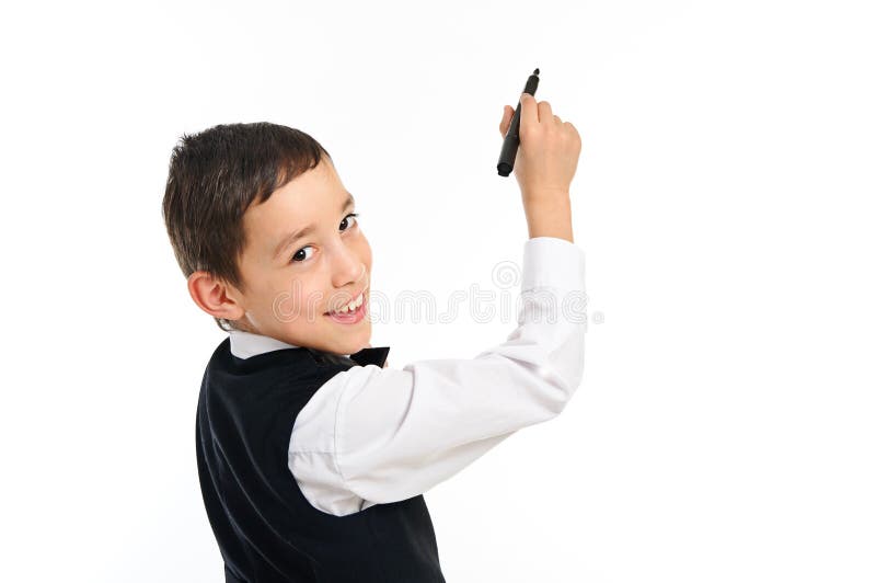 School boy wrighting or drawing with pen isolated