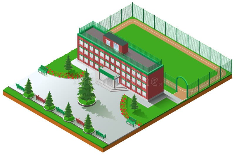 School building architecture and school stadium 3d isometric royalty free illustration