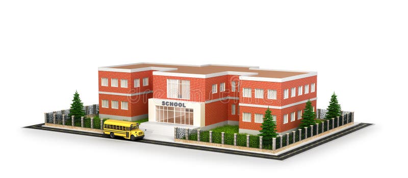 School building, bus and front yard. Flat style illustrat