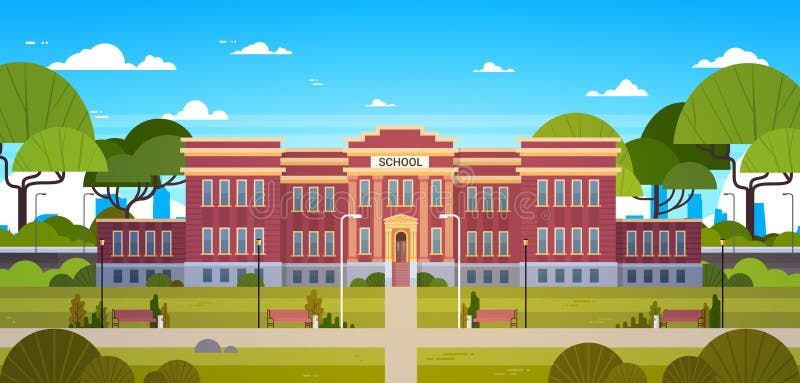 School Building And Empty Front Yard With Green Grass And Trees Landscape stock illustration School Building And Empty Front Yard With Green Grass And Trees Landscape stock illustration