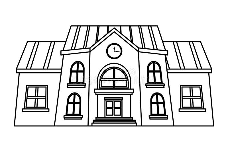 School Building Frontiew Cartoon Isolated in Black and White Stock ...