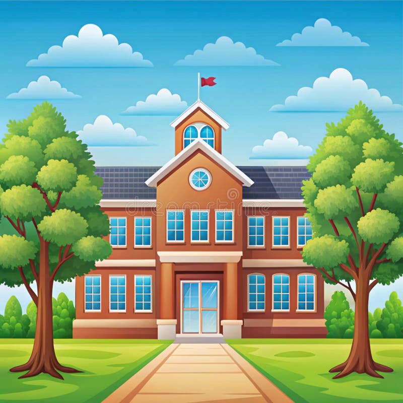 School building with lush green trees and a paved path stock illustration