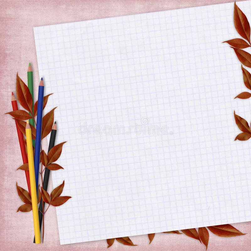 School card with paper and pencils vector illustration