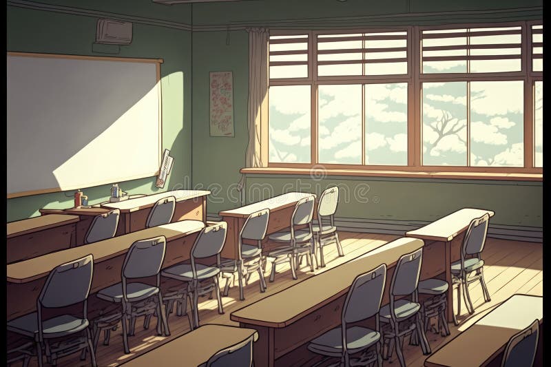 High school classroom in the daytime, Anime background, 2D illustration.  Stock Illustration