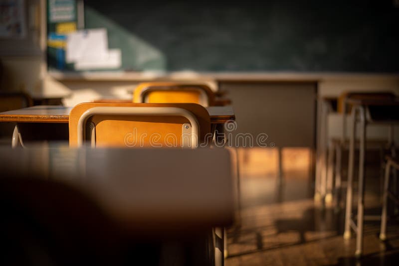 School Chairs and Desks in an Empty Japanese Classroom Stock Photo
