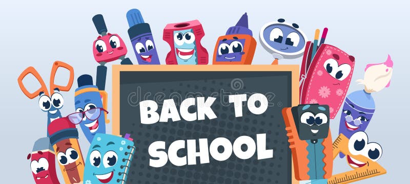 School characters background. Cute educational supplies with funny faces. Vector happy book notebook pencil and pen on royalty free illustration
