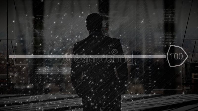 In school, child watching animation with digital data and particles overlay stock illustration