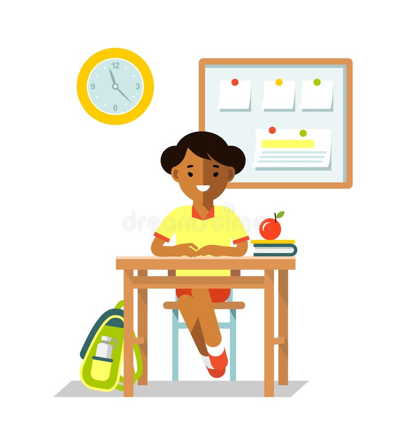 Student girl sit at desk in classroom on white background vector illustrati...