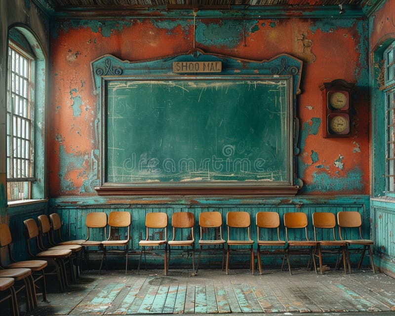 School Classroom with Empty Chairs and Chalkboard Stock Image Image