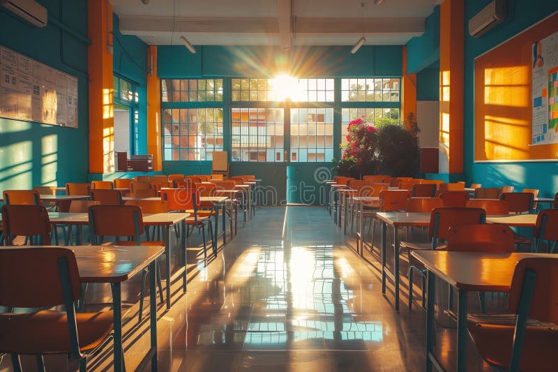 A school classroom with lots of desks and chairs. It is empty and ready to start the back to school royalty free illustration