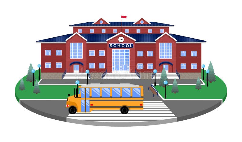 School, de klassieke bouw op het cirkelplatform van het gazon aan de weg, voetgangersoversteekplaats, met 3D effect sectie vector illustratie School, de klassieke bouw op het cirkelplatform van het gazon aan de weg, voetgangersoversteekplaats, met 3D effect sectie vector illustratie