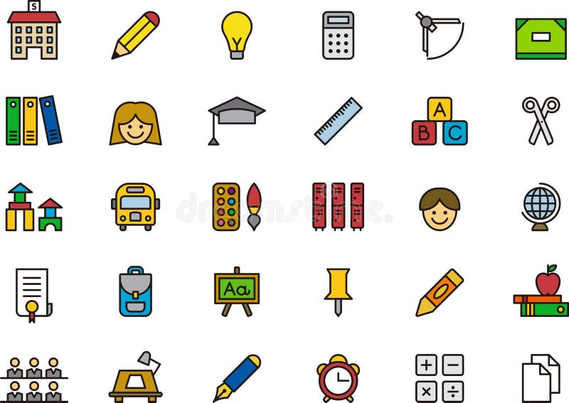 Set of colorful icons relating to school and education on white background. Set of colorful icons relating to school and education on white background.