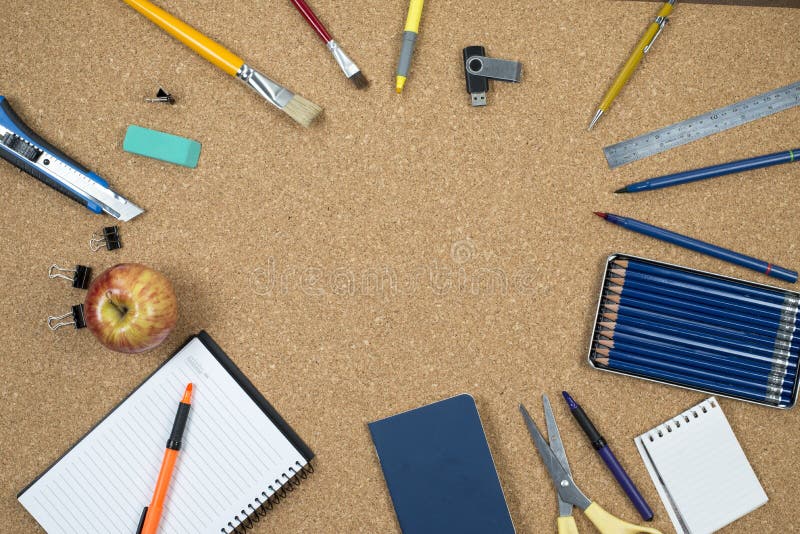 School elements on cork background with space for text symbolizing back to school. stock photos School elements on cork background with space for text symbolizing back to school. stock photos