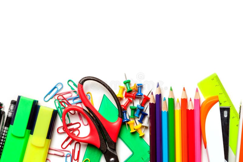 School en kunstlevering op witte achtergrond wordt geïsoleerd die Hoogste mening royalty-vrije stock foto School en kunstlevering op witte achtergrond wordt geïsoleerd die Hoogste mening royalty-vrije stock foto
