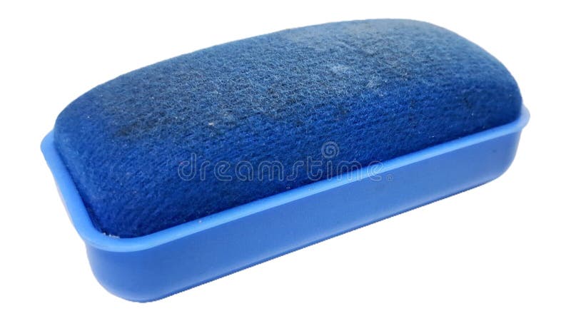 School eraser tool with blue felt and plastic base isolated stock images