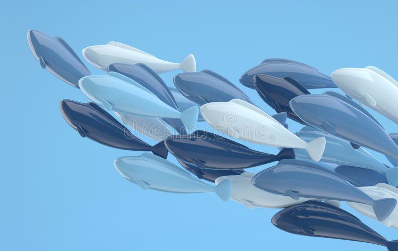 School of fish swimming behind its leader. 3d rendering. Marine life, japanese carp. Porcelain fish in shades of blue
