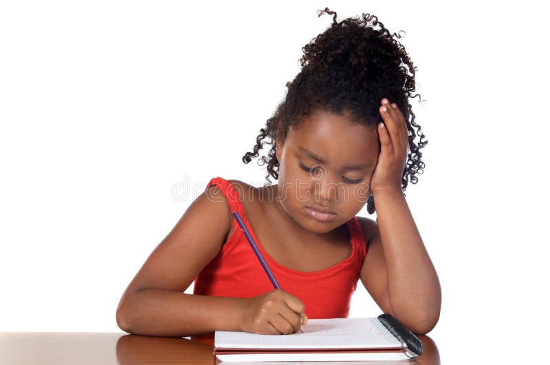 School girl bored by homework over white background. Boring kid white stock images, royalty-free photos and pictures
