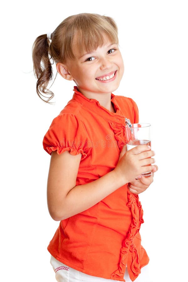 School girl portrait with water glass isolated