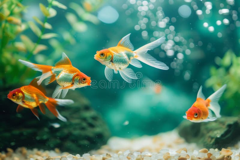 School of goldfish swimming in an aquarium royalty free stock image