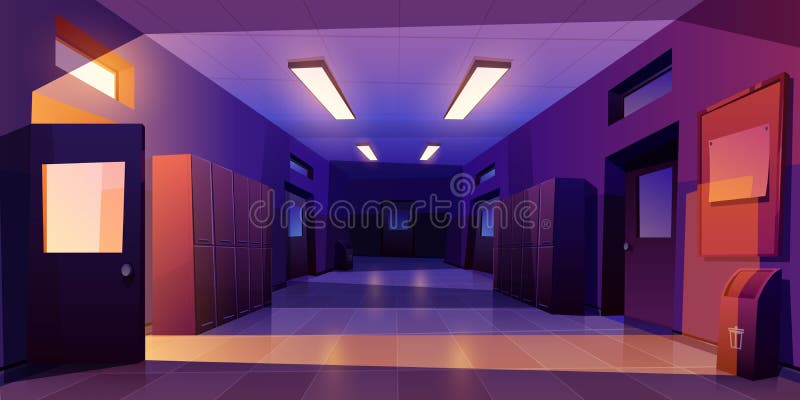 School hallway night interior with doors lockers