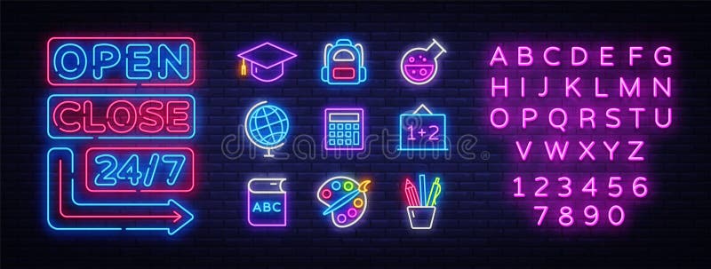 School icons set. Back to school collection neon signs. Open Close Bright sign boards, light banner. Neon isolated icon vector illustration School icons set. Back to school collection neon signs. Open Close Bright sign boards, light banner. Neon isolated icon vector illustration