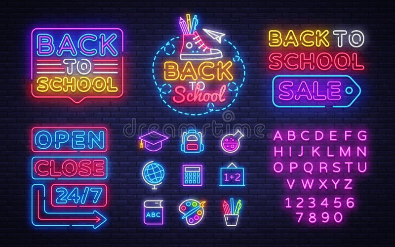 School icons set. Back to school neon sign. Open Close Bright sign boards, light banner. Neon isolated icon, emblem stock illustration School icons set. Back to school neon sign. Open Close Bright sign boards, light banner. Neon isolated icon, emblem stock illustration