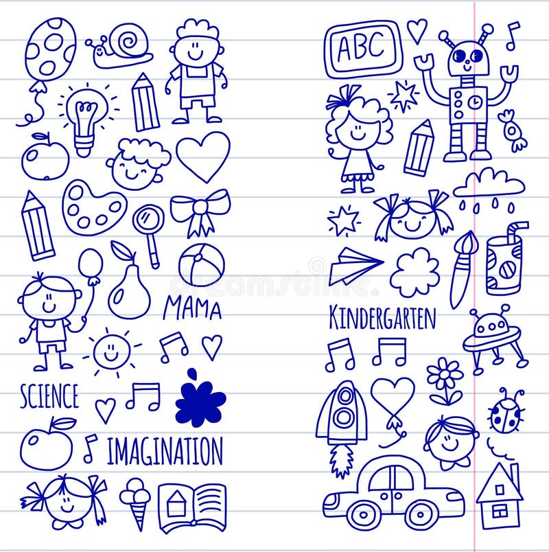 School, Kindergarten. Happy Children. Creativity, Imagination Doodle ...
