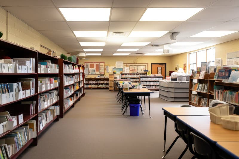 School Library with Bookshelves Filled with Reading Materials for