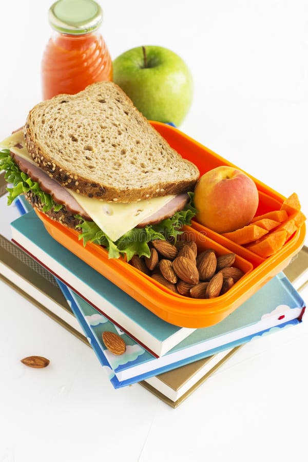 School Lunch Box with Sandwich, Fruits and Nuts Stock Image - Image of ...