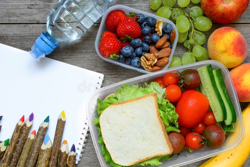 School lunch boxes with sandwich, fruits, vegetables and bottle of water with colored pencils royalty free stock image School lunch boxes with sandwich, fruits, vegetables and bottle of water with colored pencils royalty free stock image