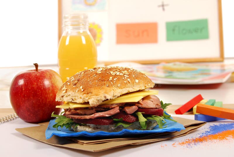 School Lunch Roast Beef Roll Sandwich, Apple And Drink On Classroom Desk Stock Photo Image of