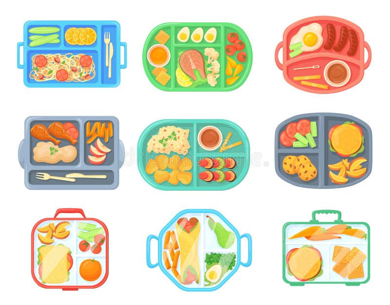 School meal trays. Lunch tray with food cafeteria menu, kid eat breakfast or dinner on convenience lunchbox top view