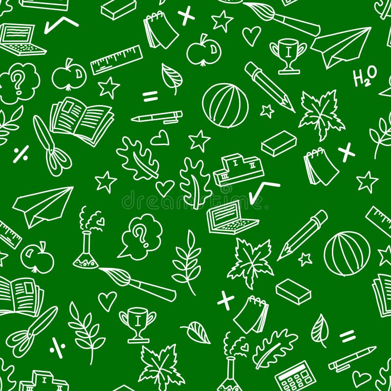 School naadloos patroon met witte krabbels en groene achtergrond stock illustratie School naadloos patroon met witte krabbels en groene achtergrond stock illustratie