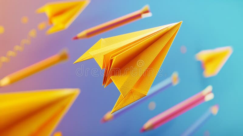 The school notebook background is composed of yellow paper airplanes that are flying in the air in 3D. Cartoon children planes in the air.. AI generated. The school notebook background is composed of yellow paper airplanes that are flying in the air in 3D. Cartoon children planes in the air.. AI generated
